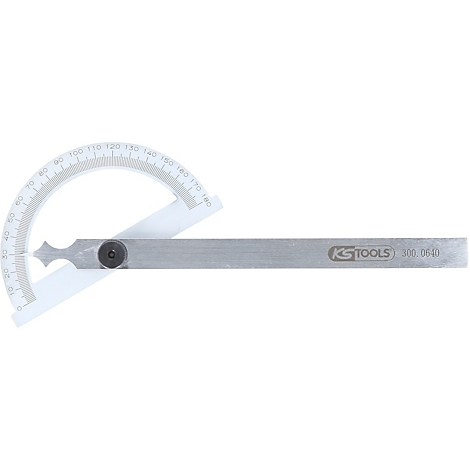 Ein Winkelmesser aus Metall mit weißer Skala, Schraube und Griff. Auf dem Griff steht: KS Tools.